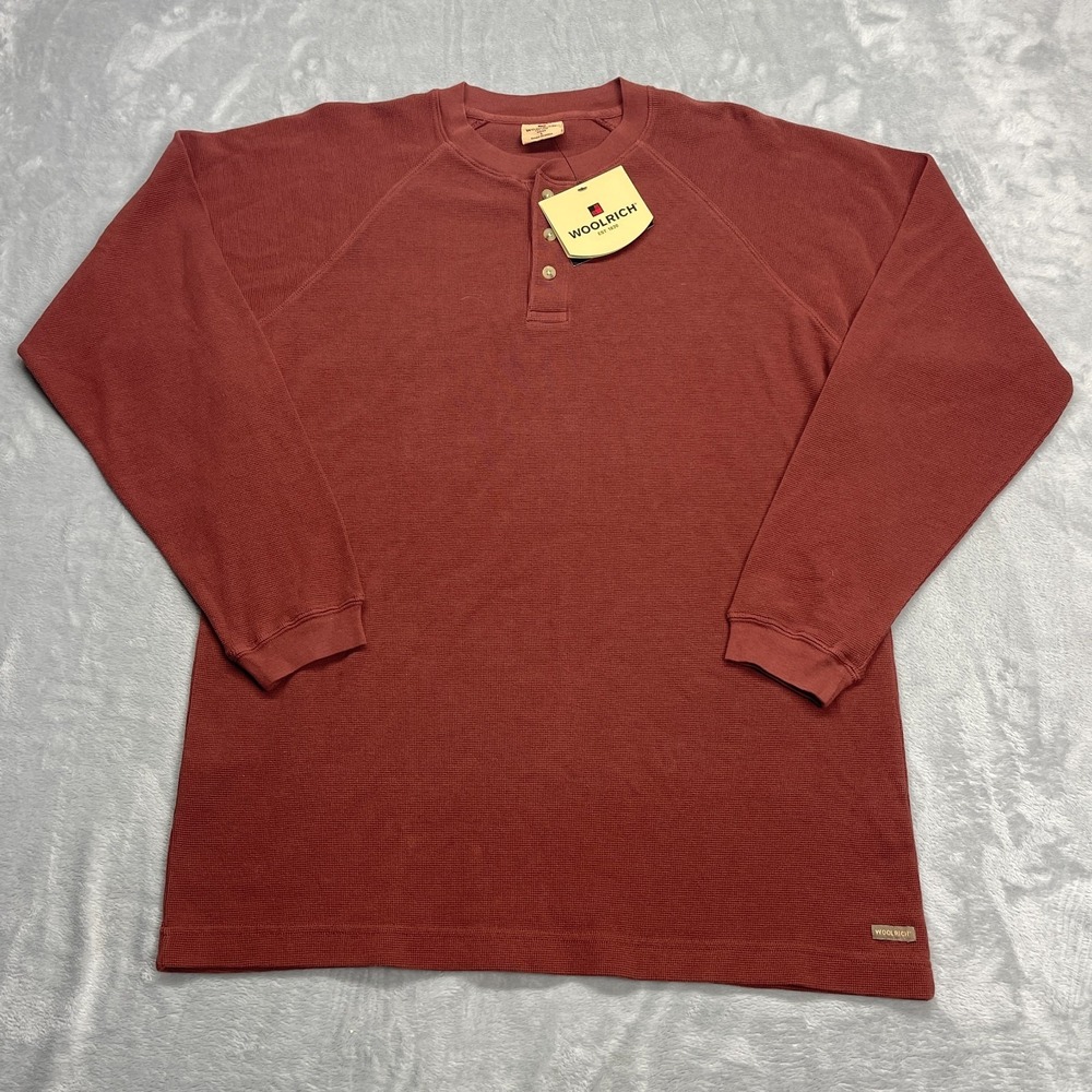 Woolrich Shirt Mens L Burgundy Waffle Knit Thermal Long Sleeve Henley Pullover